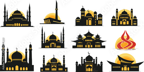 Islamic mosque silhouette icon set with golden sun background representing Ramadan architecture spirituality isolated vector illustration collection design branding projects