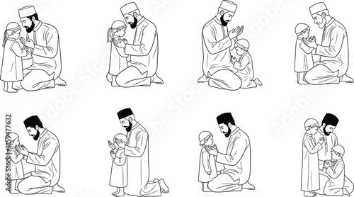 Muslim father teaching child prayer illustration showing Islamic parenting faith education isolated line art vector set collection for family values