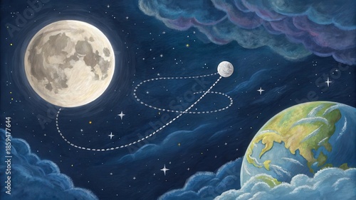 Dreamlike painting of moon and earth connected by silver threads