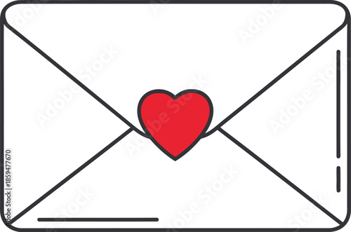 Simple black outline icon design of a closed white envelope featuring a small vibrant red heart shape sealing the center flap for romance.