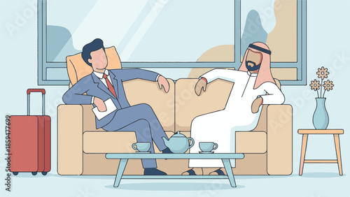 Cross-cultural business meeting between diverse men in a lounge setting