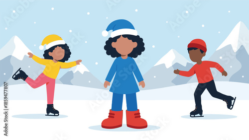 Diverse children ice skating and playing in a snowy winter mountain landscape