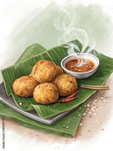 Hot crispy fritters served on banana leaves with dipping sauce