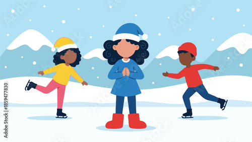 Children ice skating and enjoying a snowy winter landscape together