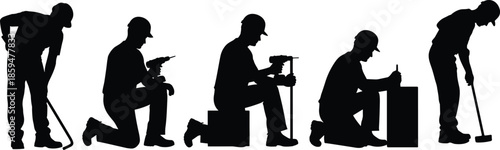 Construction worker silhouette set showing drilling hammering measuring and installation tasks isolated black and white vector illustration for industry projects