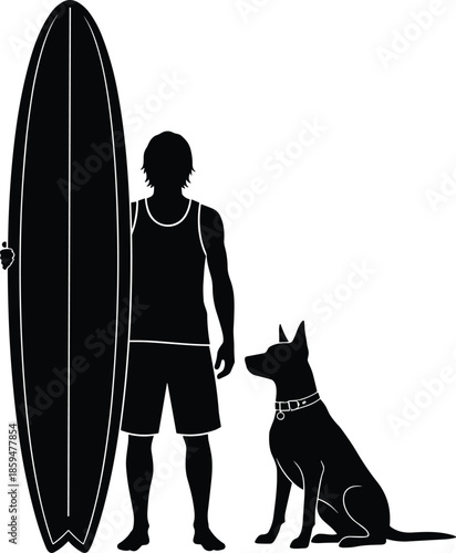 Surfer standing with surfboard and dog silhouette illustration representing beach lifestyle companionship isolated black and white vector design artwork collection