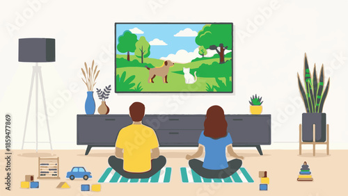 Couple relaxing on floor mats watching animated show on TV in living room