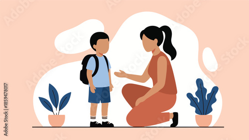 Mother talking to young son with backpack in a caring family moment