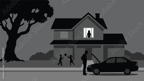 Suburban family experiencing car trouble outside their home, illustration