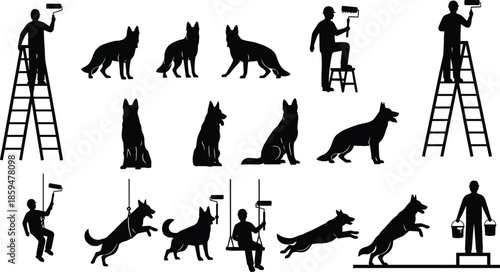 Working man painter and dog silhouette set showing training jumping ladder tasks black white vector illustration collection for industrial design