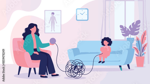 Child psychology session with therapist untangling emotional issues concept