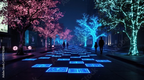 Futuristic Smart City Night Street Featuring Bioluminescent Data Trees and Interactive Kinetic Energy Pavement Tiles for Sustainable Urban Lighting