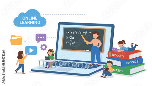 Online Learning Concept with Kids Studying Remotely via Laptop and Digital Tools