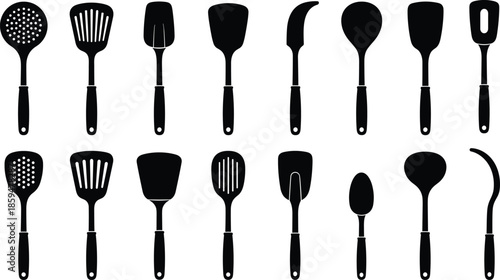 Kitchen spatula and cooking utensil icon set silhouette black and white vector illustration isolated for restaurant food design projects branding