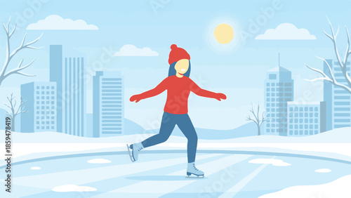 Cheerful woman ice skating in a snowy urban park on a winter day