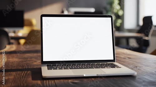 Modern laptop mockup on a rustic wooden desk in a blurred office setting perfect for showcasing website designs app interfaces and digital content presentations