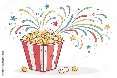 Cartoon popcorn bucket exploding with colorful bursts