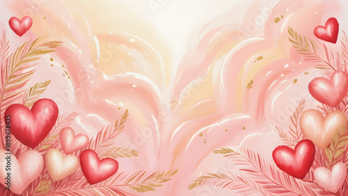Romantic Pink Background With Floating Hearts, Elegant Valentines Day Banner With Gold Leaf Accents, Soft Pastel Love Background For Wedding And Invitation, Abstract Artistic Heart 