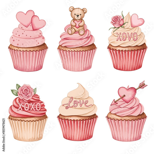 A cute illustration of a colorful set of sweet cupcakes with cream, cherries, and strawberry toppings perfect for birthdays and bakery treats
