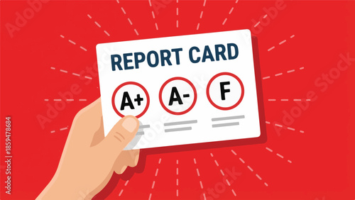 Report card with academic grades A+, A-, and F held by a hand