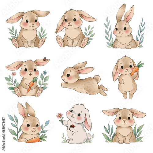 A colorful cartoon set of funny rabbit characters