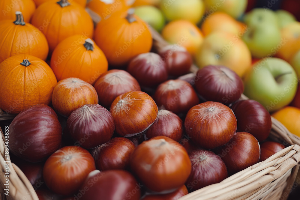 Obraz premium A vibrant assortment of small pumpkins and chestnuts in woven baskets, showcasing the rich colors of autumn produce.