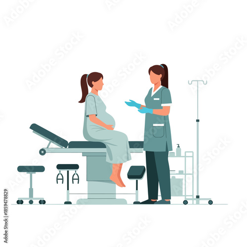 Pregnant woman receiving consultation from a medical professional in a clinical setting