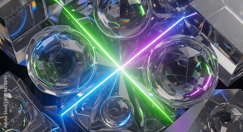 Abstract Geometric Glass Shapes with Neon Light Beams