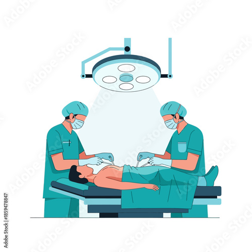 Surgeons performing operation in hospital theater with patient on table under surgical light