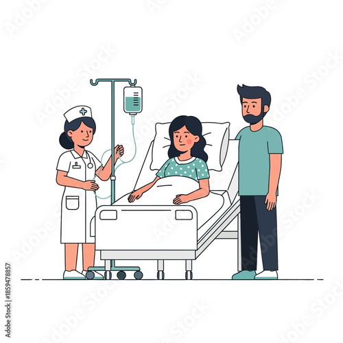 A nurse attending to a patient in a hospital bed with a visitor standing beside
