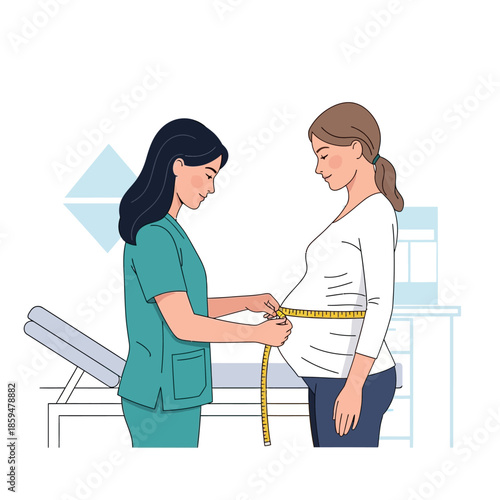 Healthcare professional measuring pregnant woman's belly in a medical office