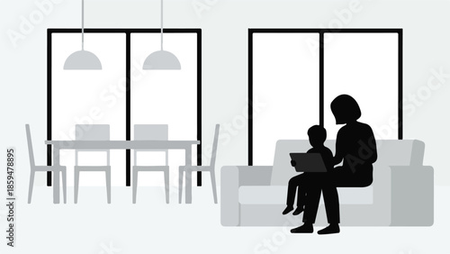 Modern home interior with family using technology and minimalist design