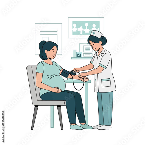 Pregnant woman receiving medical checkup from doctor in a clinical setting