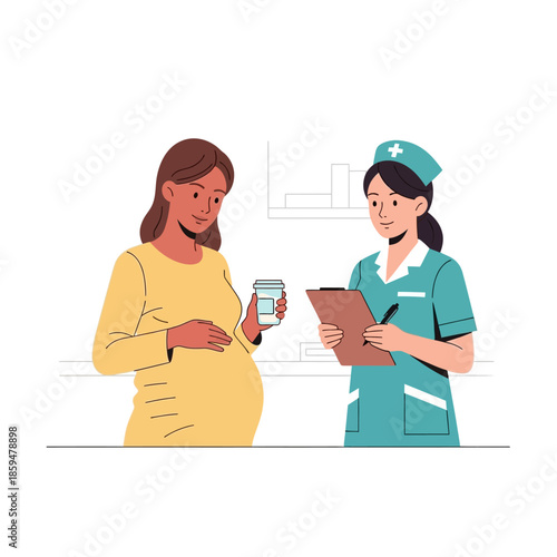 Pregnant woman showing phone to a healthcare professional in a clinical setting
