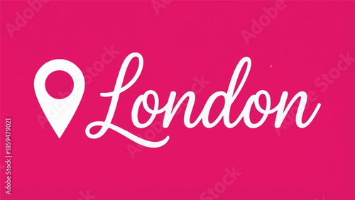 London city name in script font with location pin on pink background