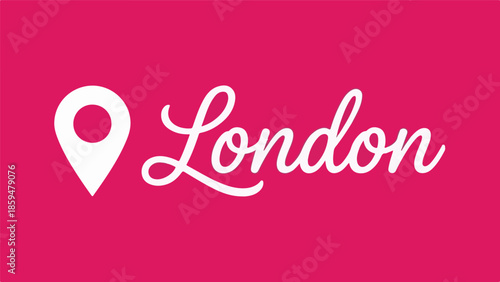 London text with location pin icon on a vibrant pink background