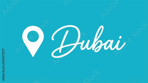 Stylized 'Dubai' text with a location pin icon on a vibrant blue background