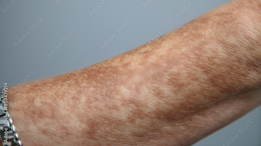 Fototapeta premium Close up macro of arm skin with textured dryness and irritate condition showing uneven tone and rough surface in natural light