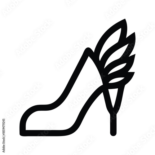 A simple black and white line drawing depicting a high heeled shoe with a feathered quill