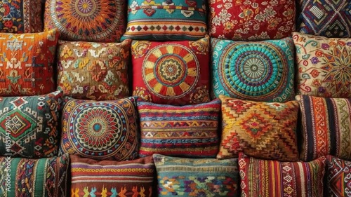 Artistic Cushions Showcase: An array of vibrantly patterned cushions are meticulously arranged to display a tapestry of artistic designs, colors and textures, creating an interior design