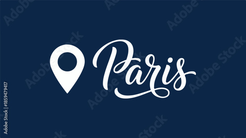 Paris city name in script font with map location pin icon