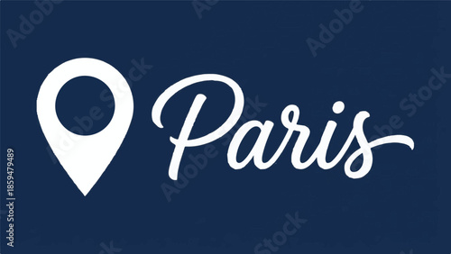 Minimalist Paris city name with location pin icon on blue background