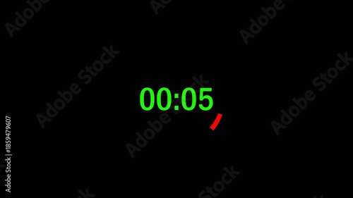 Digital Countdown Timer 00:05 Neon Glow on Black Background.