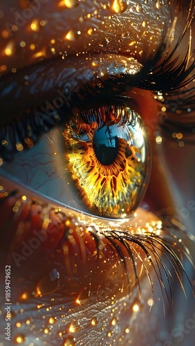 Emotional Surreal Close-Up of Human Eye with Glowing Iris and Water Droplets