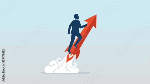 Businessman riding a rocket arrow upwards, symbolizing career growth and success