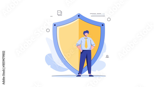 Confident Business Professional Standing Safely Behind a Shield Concept of