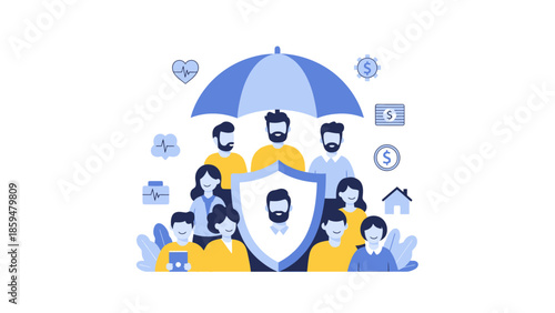 Protective Group of Diverse People Under Umbrella Emphasizing Security and