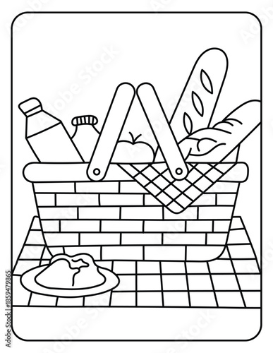 Picnic Basket Line Art Illustration with Bread and Food Items