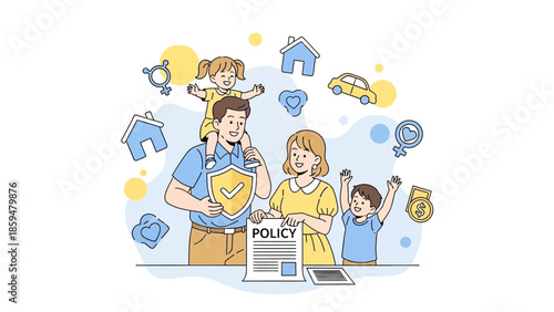 Family Protecting Policy with Children and Home Security Symbols