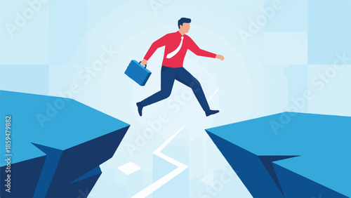 Businessman jumping over gap, overcoming challenges to achieve business success